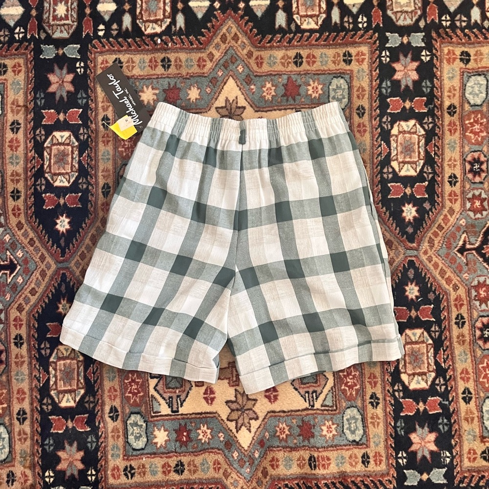 NWT Vintage Plaid gingham high waist linen shorts pleats cuffed 80s M - Picture 9 of 9